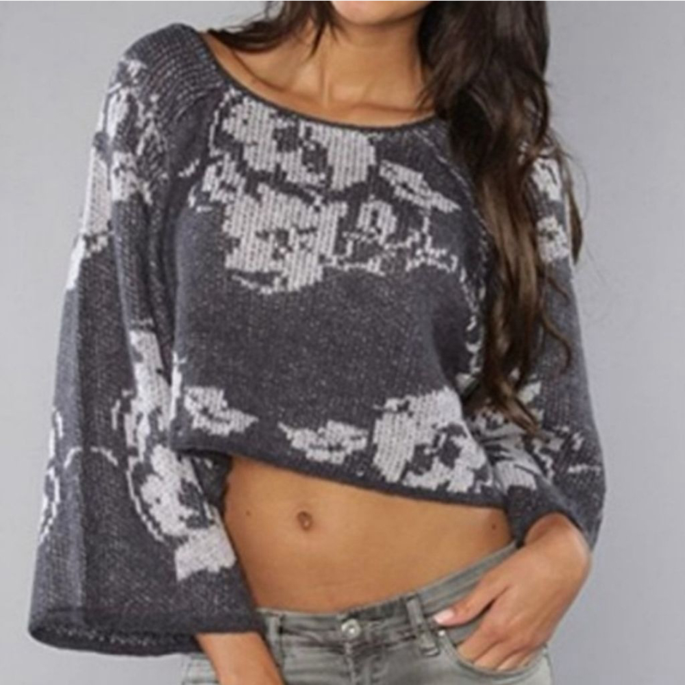 FREE PEOPLE Oversized Purple Rain Wool Alpaca Gray White Floral Crop Sweater S - Picture 2 of 6
